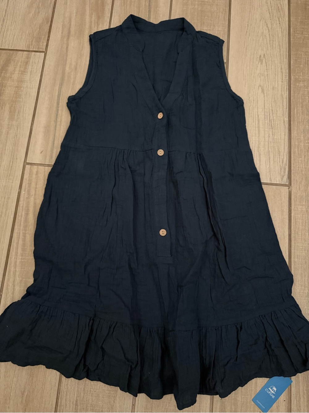CUPSHE Sleeveless Button Front Ruffle Hem swim coverup in Navy size Small